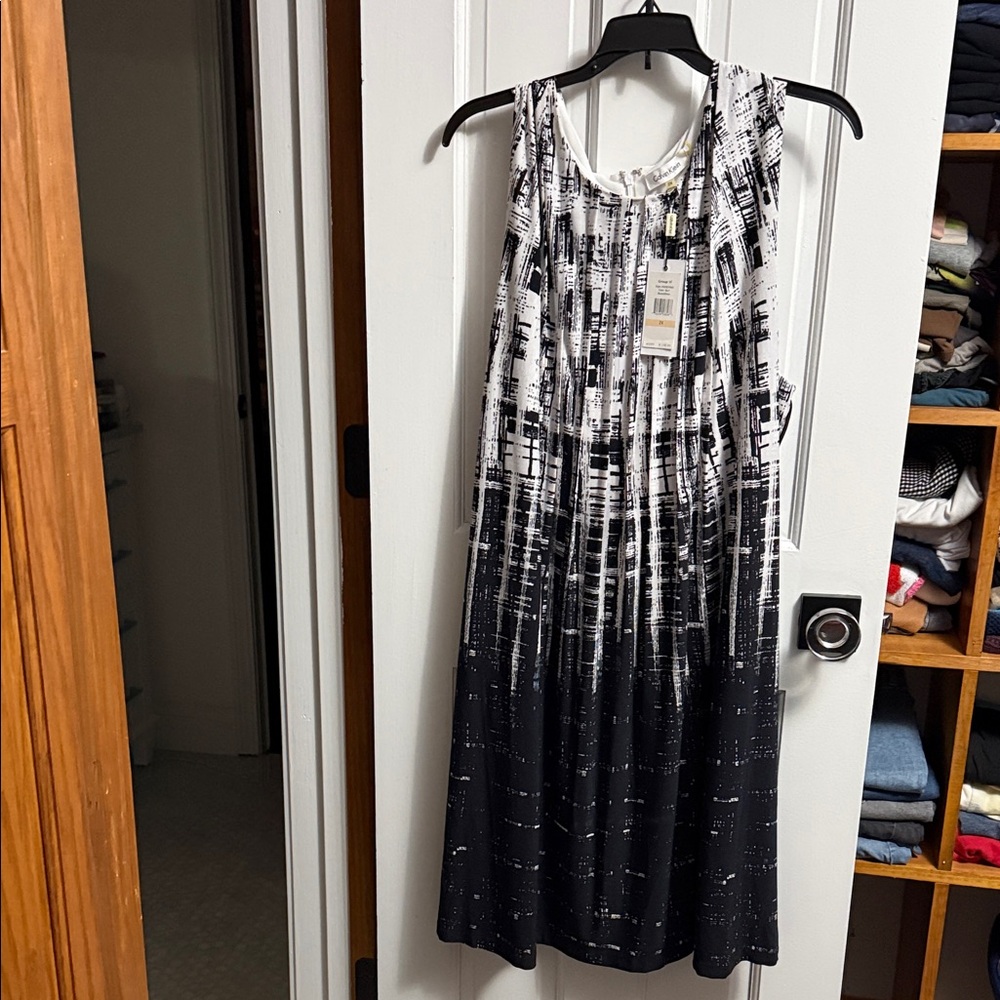 CALVIN KLEIN STRETCH SLEEVELESS GEOMETRIC BLACK & WHITE DRESS 2X NWT!